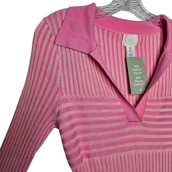 H&M Pink Rib-knit Dress with Collar Long Sleeves Size Medium - Picture 6 of 11